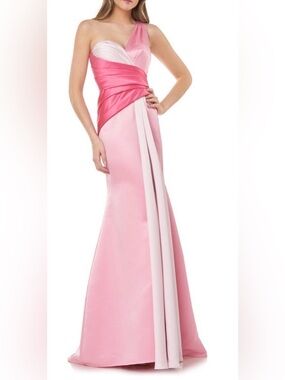 Carmen Marc Valvo Two-Tone Pink One-Shoulder Satin Gown